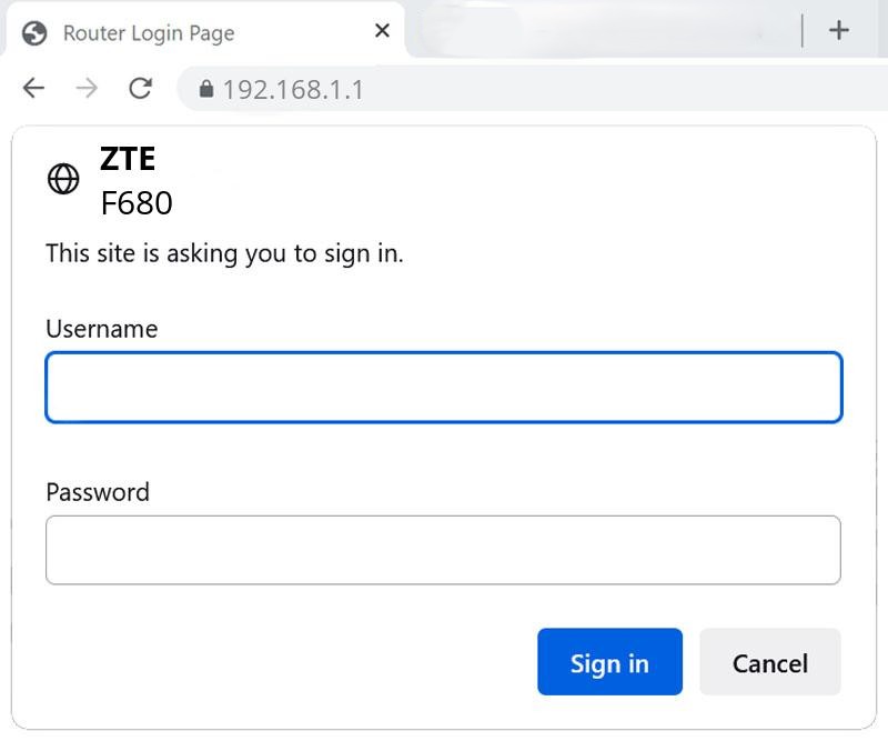 ZTE login page